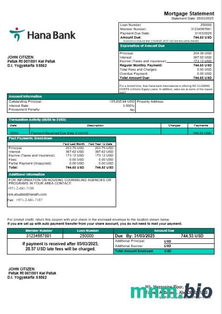 ZEA Keb Hana Bank wyciąg z kredytu hipotecznego w formatach Word i PDF